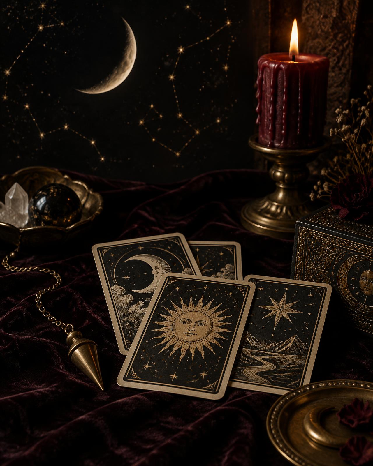 Carte, pendolo e candela sotto la luna